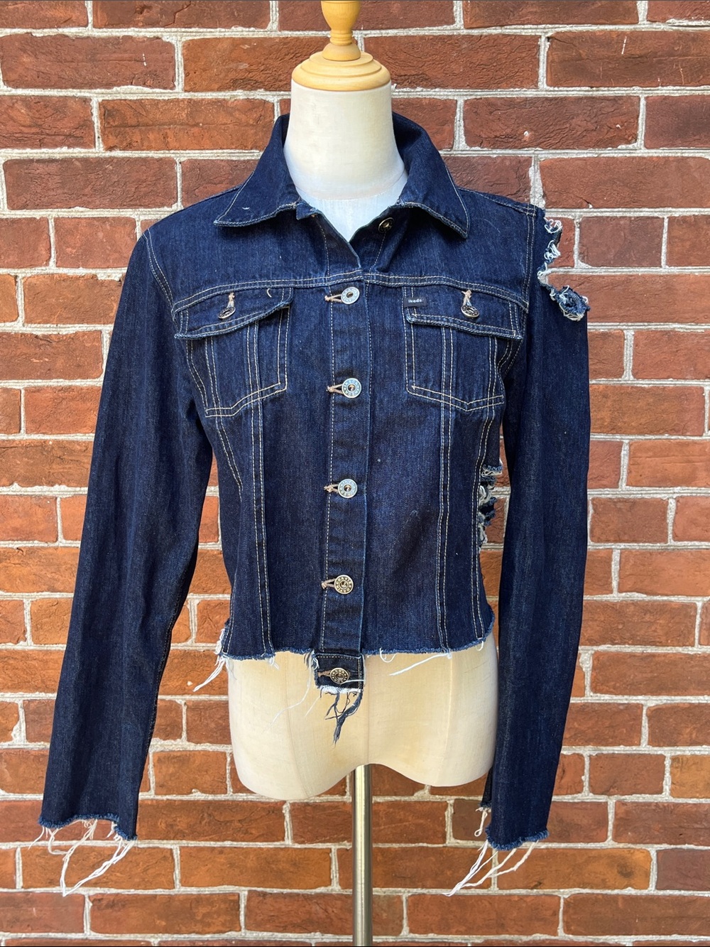 Vintage Ikeda Dark Indigo Distressed Denim Jacket Pocket Detail